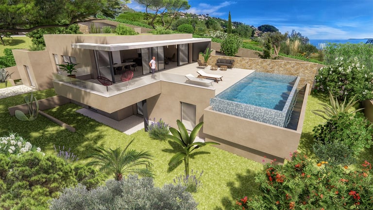 Rendu 3D de la façade sud de la villa E avec baies vitrées ouvertes sur la mer
