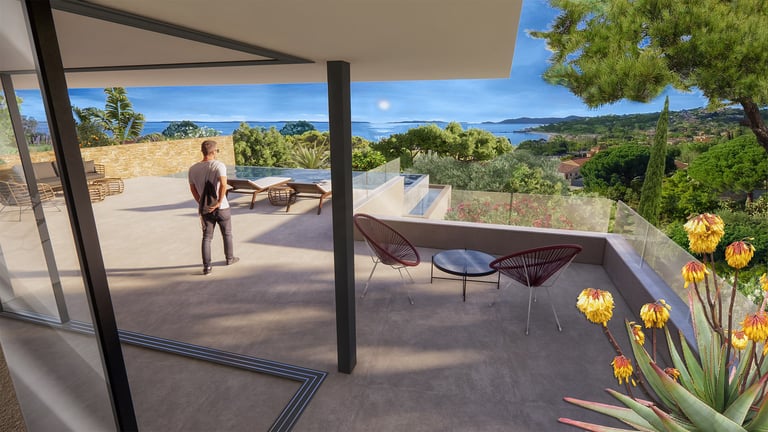 Rendu 3D de la villa E avec ses lignes architecturales modernes et toit terrasse