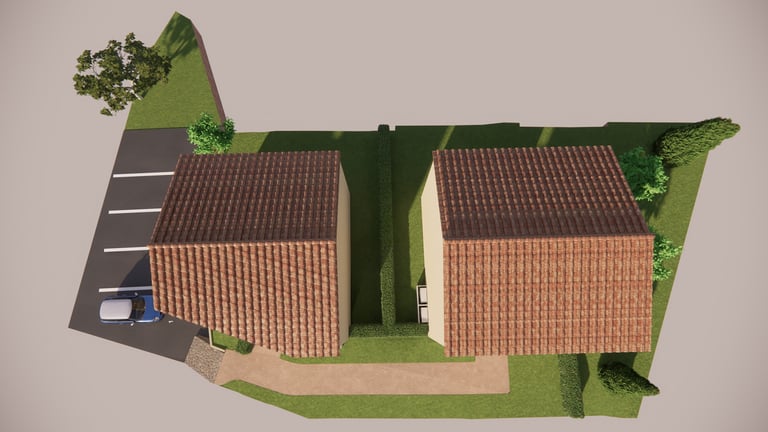 Vue aérienne 3D des deux villas VEFA avec jardins - Projet immobilier à Saint-Mandrier (Var)
