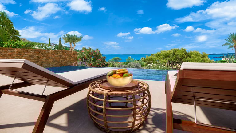 Une perspective 3D de la terrasse et les chaises longues au bord de la piscine