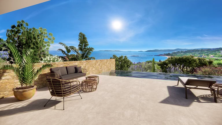 Une terrasse en 3D avec la vue mer