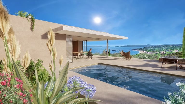 Un cadrage grand-angle pour cette perspective 3D de villa d'architecte