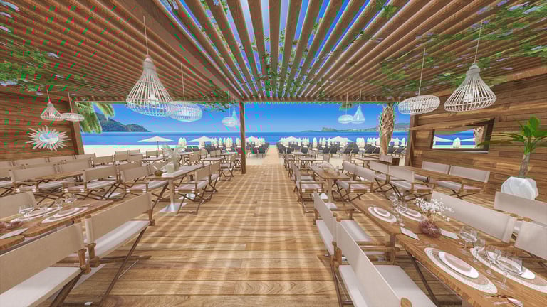 Une perspective 3D grand angle d'une salle de restaurant
