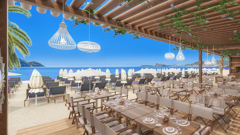 Une image 3D d'un aménagement de restaurant en bord de plage