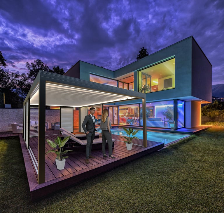 Une image 3D d'une villa vue de nuit