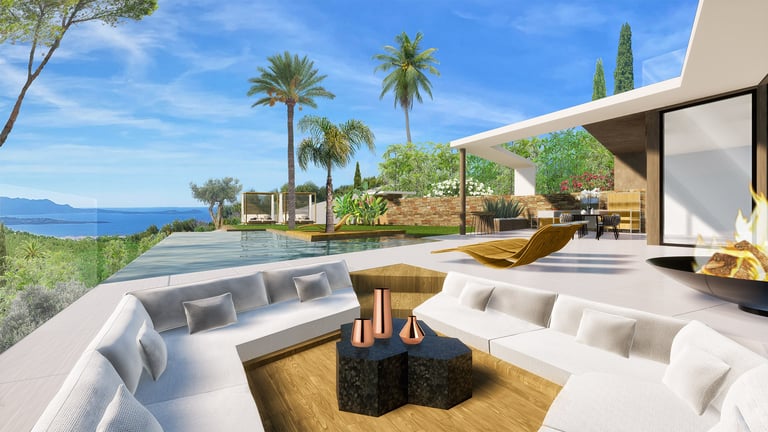 Une perspective 3D d'une villa avec vue sur la mer