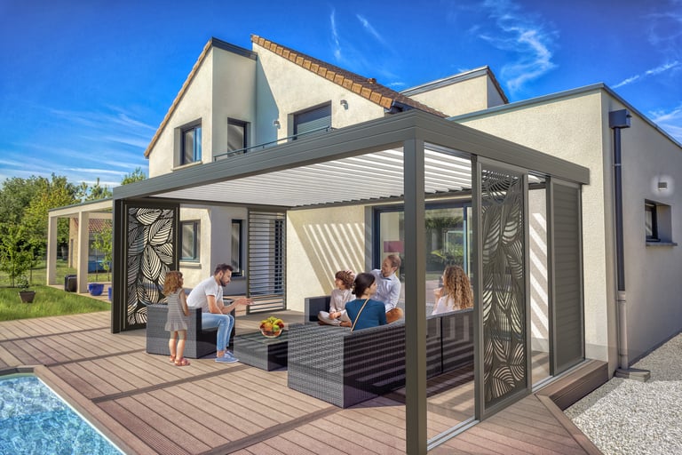 Une perspective 3D d'un aménagement extérieur avec pergola
