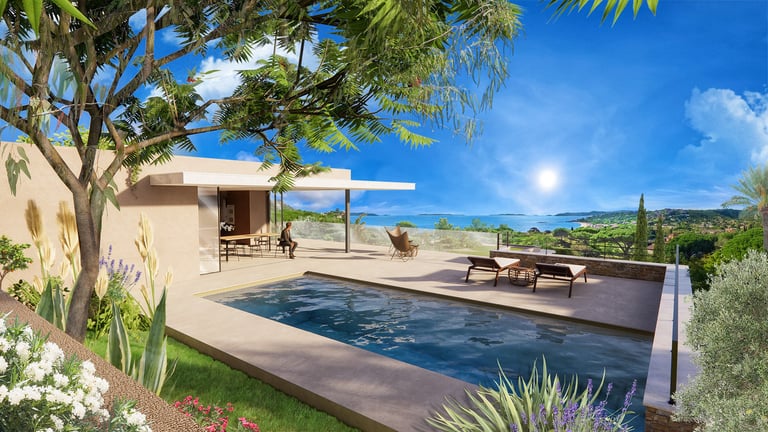 Perspective 3D de la villa F montrant la piscine et l’ouverture sur la Méditerranée