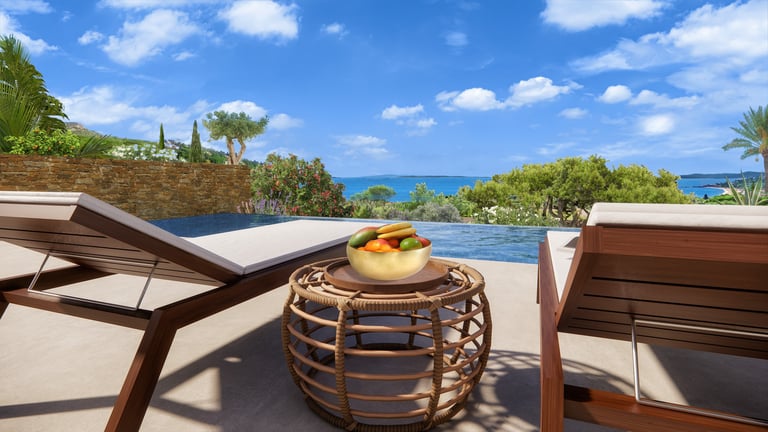 Vue 3D de la villa F avec terrasse carrelée, piscine et orientation sud sur la mer