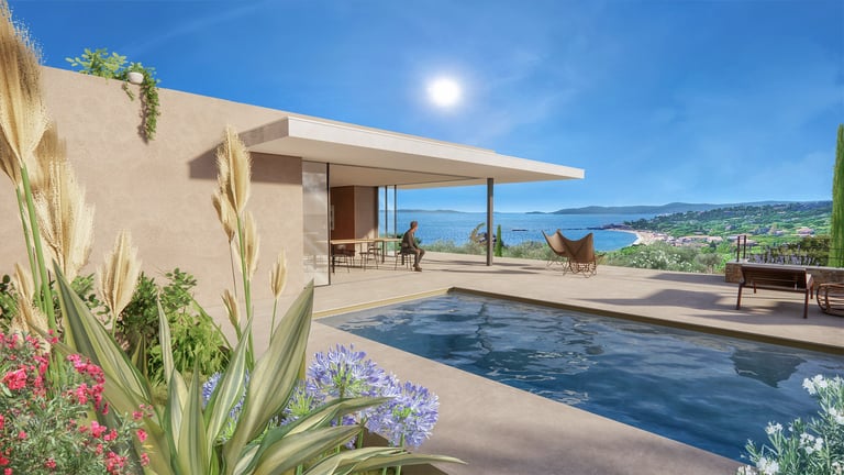 Vue 3D de la villa F avec terrasse en L, piscine et orientation sud sur la mer