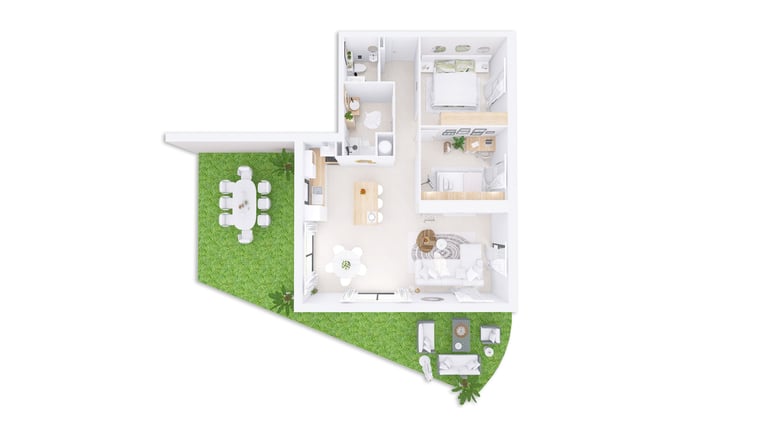 Plan 3D détaillé des pièces à vivre, appartement T3