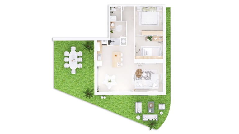 Rendu 3D d'un logement : appartement T3 vu de dessus