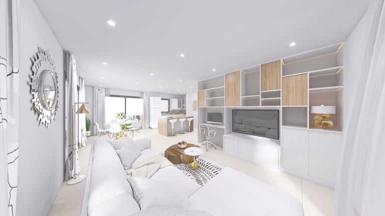 Image 3D immobilier : Espace de vie contemporain avec décoration soignée