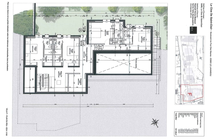 Plan 2D de la villa F avec légende des surfaces habitables et extérieures