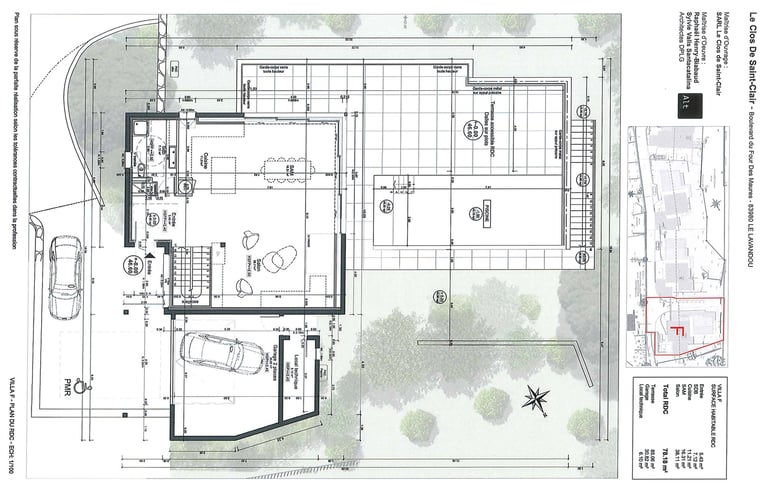 Plan 2D complet de la villa F incluant la terrasse, la piscine et le jardin