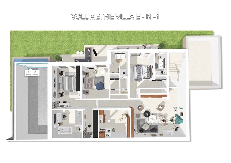 Plan 3D intérieur de la villa E avec mobilier design et agencement optimisé