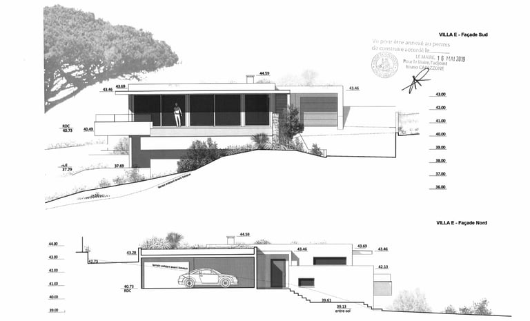 Vue en coupe longitudinale de la villa E mettant en avant l’organisation intérieure