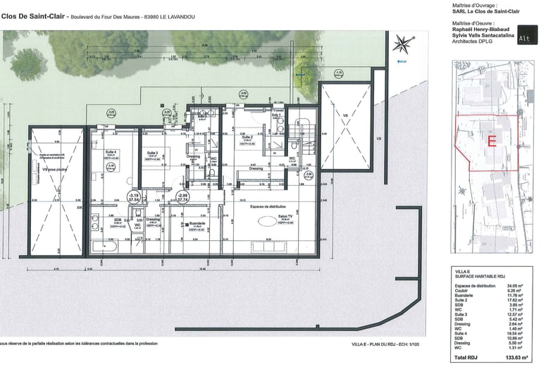 Plan 2D de l’étage principal de la villa E avec distribution des chambres