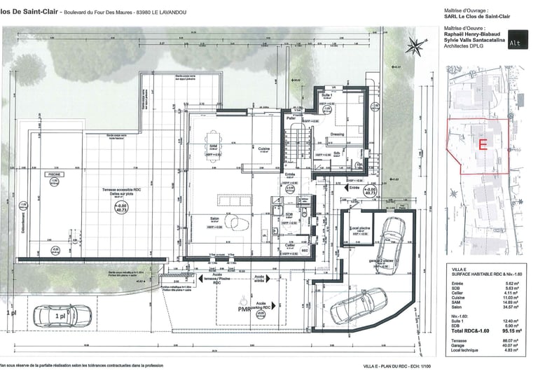 Plan d’architecture 2D de la villa E avec repérage des ouvertures et terrasses