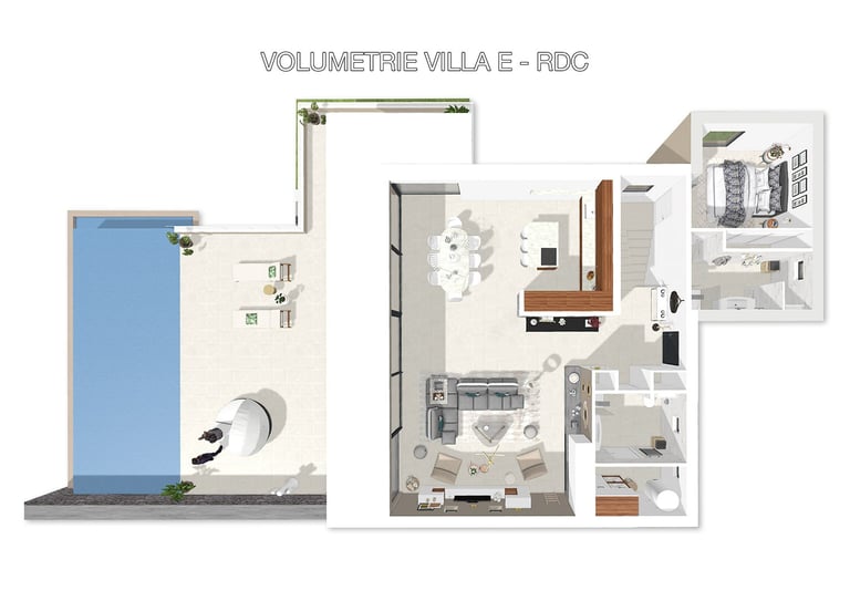 Plan 3D de l’étage de la villa E avec mobilier et circulation