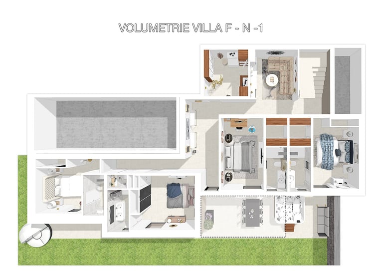 Plan 3D du rez-de-jardin de la villa F avec vues sur les chambres et accès extérieurs