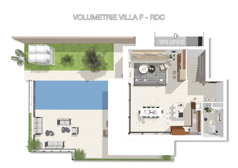 Visualisation 3D meublée de la villa F avec suggestion d’aménagement