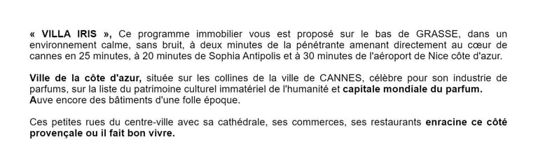 Texte de presentation de la residence à Grasse, vente VEFA