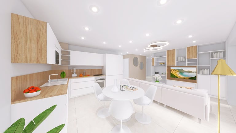 Rendu 3D séjour spacieux et lumineux appartement Grasse.