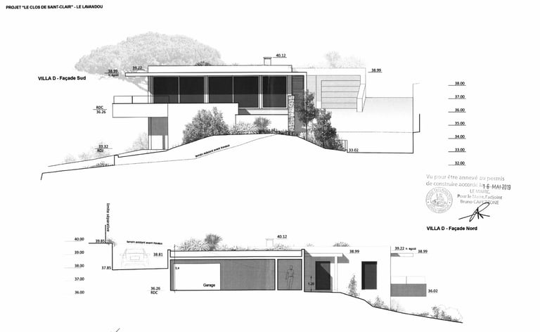 Vue en coupe verticale de la villa D illustrant les niveaux et la hauteur sous plafond