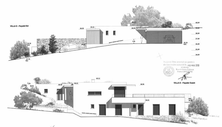 Coupe transversale de la villa D montrant la structure et la répartition des volumes