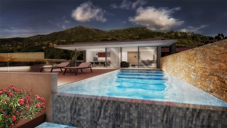 Image 3D de la villa D au Lavandou avec piscine à débordement et vue mer