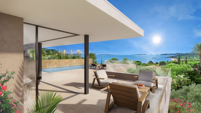 Vue 3D extérieure de la villa D avec terrasse en carrelage et piscine face à la mer