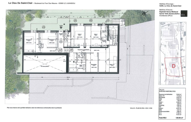 Plan 2D du rez-de-jardin de la villa D avec aménagements intérieurs détaillés