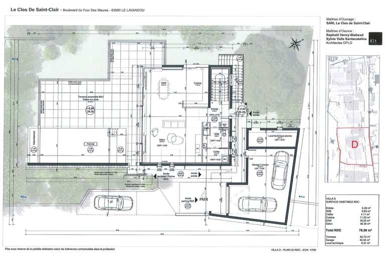 Plan 2D de la villa D avec indication des pièces, accès et orientation