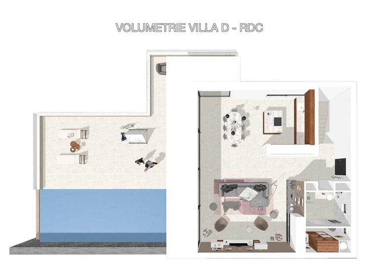 Plan 3D meublé de la villa D avec visualisation complète des espaces