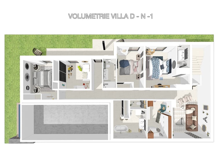 Vue axonométrique 3D de la villa D illustrant les volumes