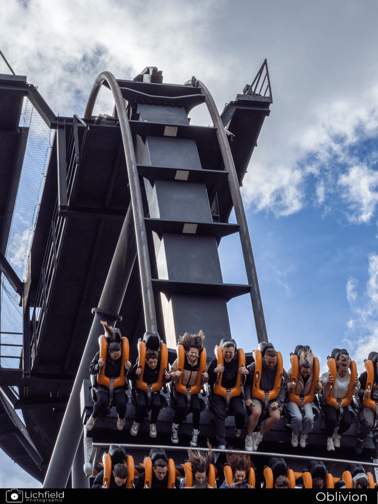 Oblivion roller coaster dropping 