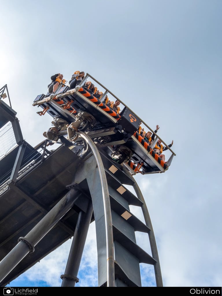 Oblivion waiting to drop down the vertical track