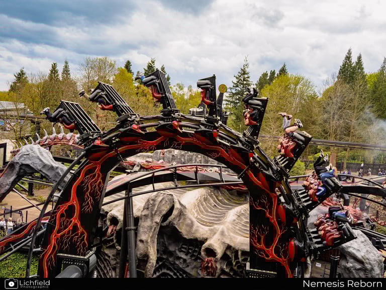 Roller Coaster in an inverted loop with people with legs in the air
