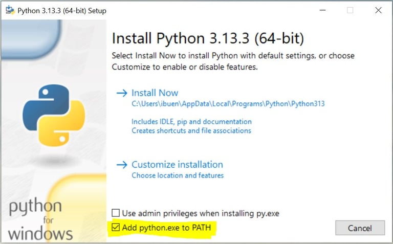 Cuadro de diálogo del primer paso de la instalación  de python. Resaltada la opción añadir al path.