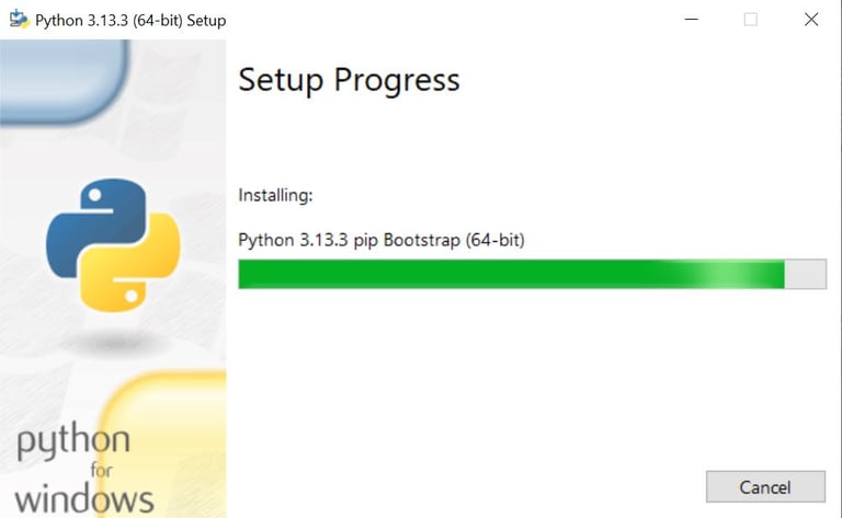 Cuadro de diálogo de la instalación de python en el que se muestra el progreso del proceso durante la instalación..