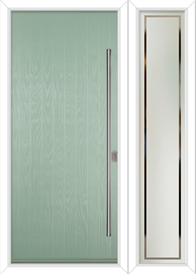 chartwell green short solid door with long handle and victorian border glass in side panel