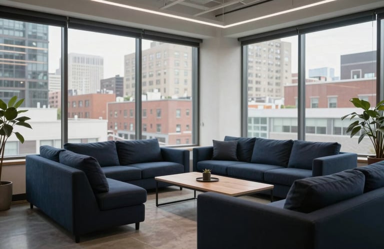 A bright, modern North American / US coworking space with deep midnight navy furniture and large windows overlooking a city.