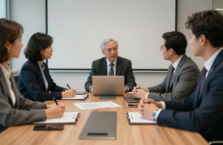 A collaborative strategy session with professionals in a North American / US boardroom, focusing on a creative project, sophisticated atmosphere.