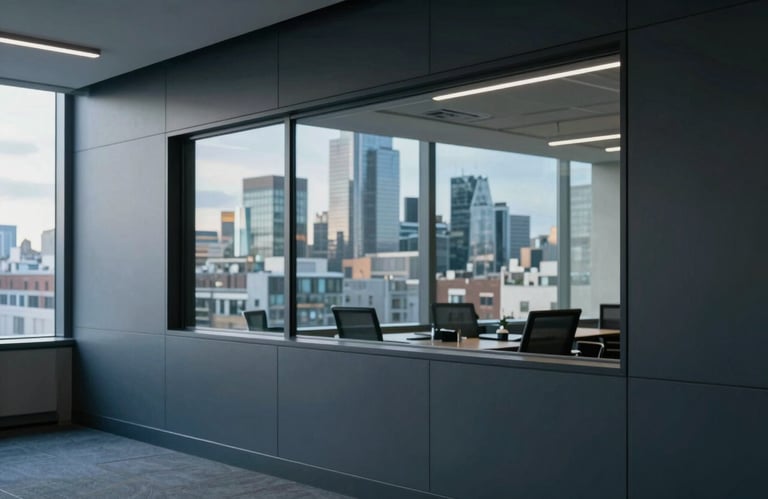 A modern British office setting with a glass window reflecting a city skyline, minimalist decor, professional atmosphere, palette of dark slate and light blue.