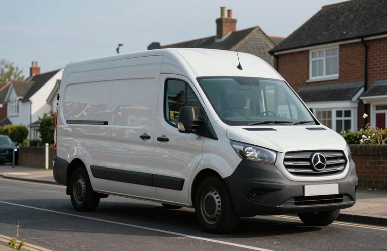A delivery van parked on a suburban British street during a clear day, clean composition, soft shadows, professional photography in muted blue and grey tones.