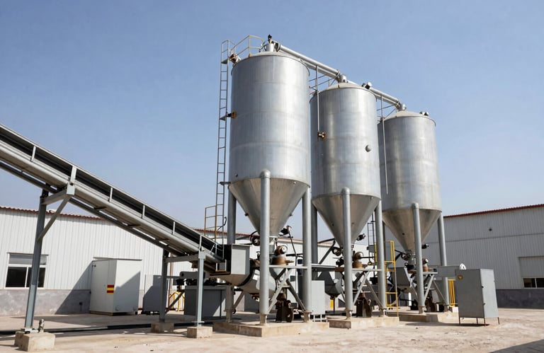 An industrial photography shot of a modern ready-mix concrete batching plant with silos and conveyors, clean and efficient facility, South American / Peruvian setting, bright clear sky.