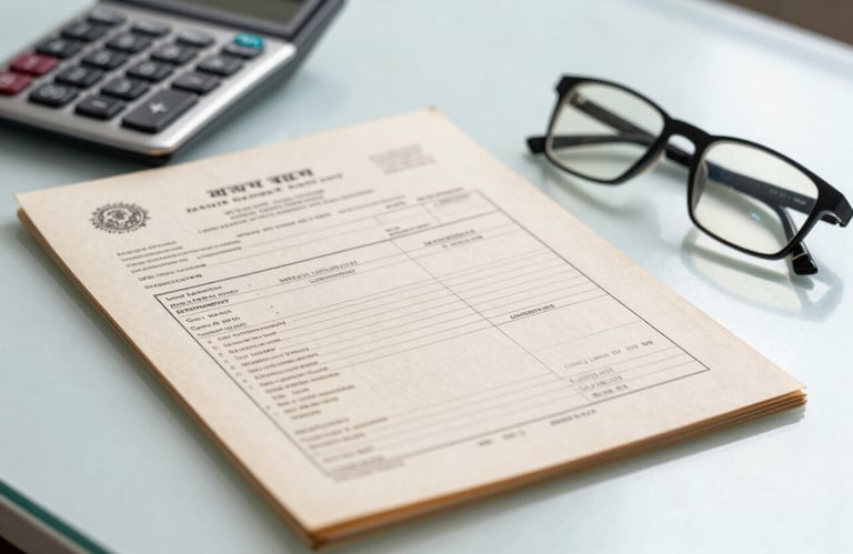 A still life photograph of official Indian taxation documents, a calculator, and a pair of professional glasses on a clean, light blue desk surface, professional macro photography.