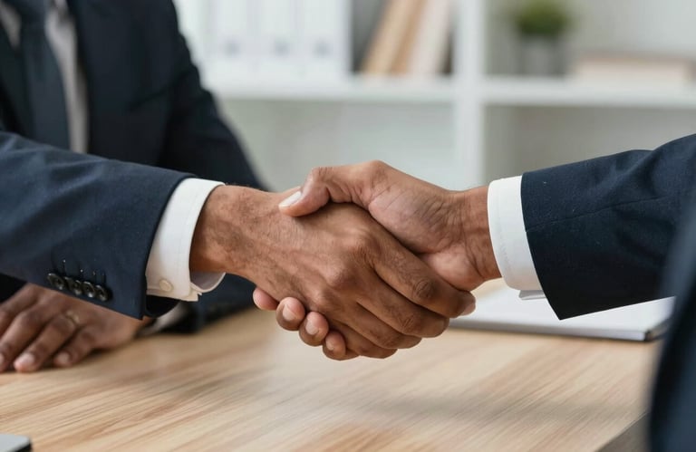 A close-up photograph of a professional handshake between two South Asian / Indian business partners over a light-colored wooden table, soft office lighting.