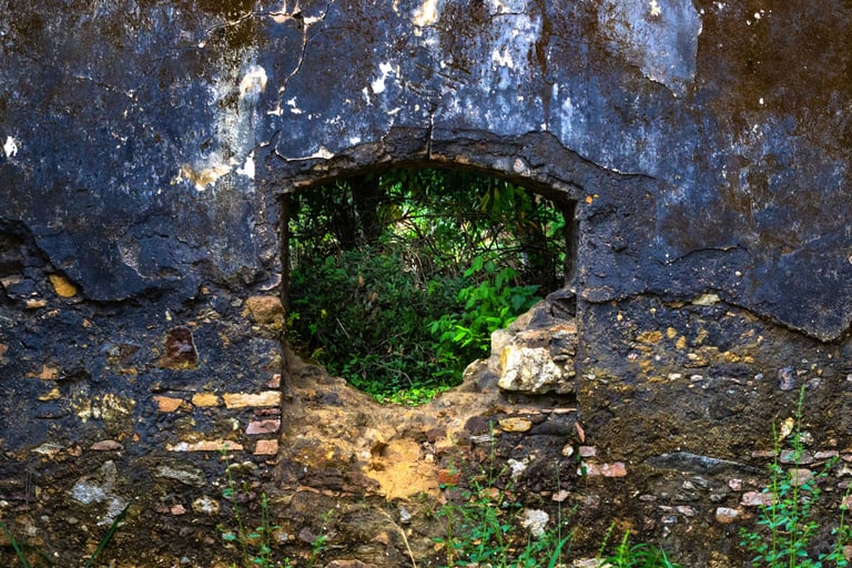 Parede abandonada de uma igreja em tom azul com uma abertura para uma vegetação selvagem ao fundo